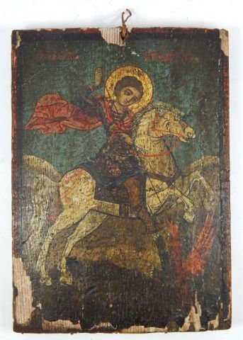 18th/19th C RUSSIAN WOODEN ICON PLAQUE ST. GEORGE: Antique Russian wooden icon wall plaque having a rectangular form. Probably Empire period, 18th/19th century. Measures approx. 9" height x 6 1/2" width x 7/8" depth. Total weight approx. 374 grams.