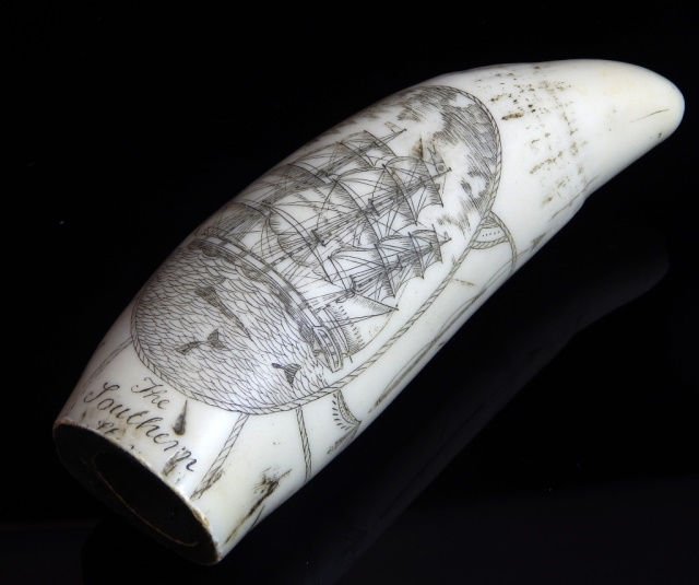 FAUX SPERM WHALE TOOTH SCRIMSHAW WORK LINCOLN: Faux sperm whale tooth scrimshaw work depicting President Abraham Lincoln with scroll and the 'The Southern Cross, ' a three mast Union schooner with nearby whales. Measures 19 5/8" length.