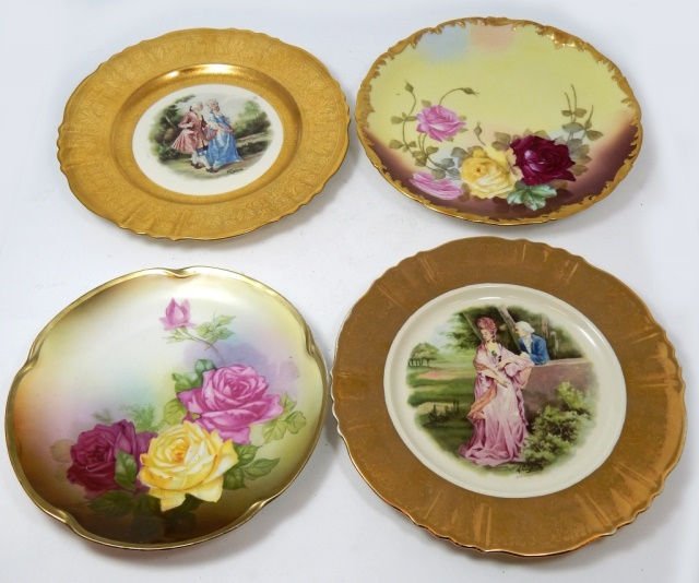 ANTIQUE HAND PAINTED PORCELAIN PLATE LOT: ANTIQUE HAND PAINTED PORCELAIN PLATE LOT. 2- LIMOGES PLATES 2-ATLAS 22KT GOLD PLATES TOTAL WEIGHT- 2120.0g