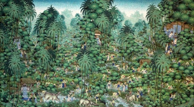 20th C INTRICATE BALINESE OIL PAINTING OF JUNGLE: A most intricately painted Balinese oil painting on canvas depicting a lush jungle scene with pagodas, villagers and animals. Mid 20th century or later. Mounted in carved wooden frame. Signed 'YINY SU