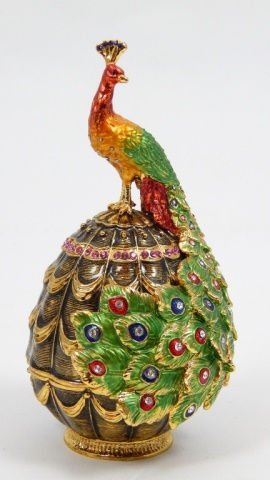 JEWELED & ENAMELED PEACOCK EGG BOX BY DEPARTMENT: JEWELED & ENAMELED PEACOCK BOX BY DEPARTMENT. MEASURES 4.5'"TALL BY 2.5" WIDE. TOTAL WEIGHT 319g