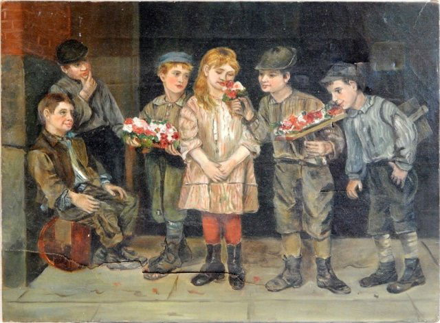 ANTIQUE AMERICAN OIL PAINTING ON CANVAS OF KIDS: Antique American oil painting on canvas depicting young boys attempting to swoon a young girl with flowers. Some damage. 19th century. Measures 19" height x 14" width.