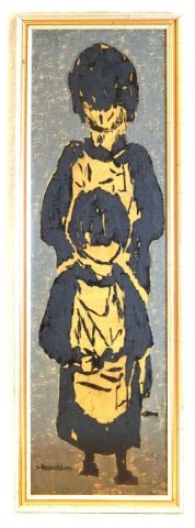 SADIE SOLETSKY ROSENBLUM (AMERICAN B1899): SADIE SOLETSKY ROSENBLUM (AMERICAN B1899), "Two Children,"oil on canvas laid down on masonite, 31 x 9 inches, signed lower right. Sadie Skoletsky Rosenblum was born in 1899 in Odessa, Ukraine before e