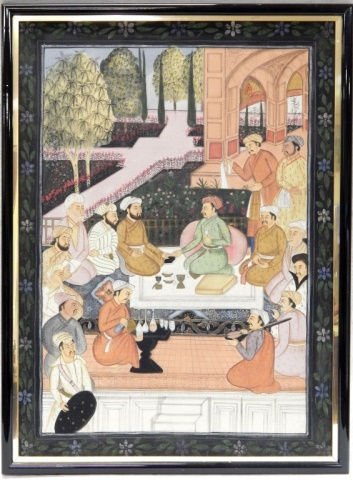 PERSIAN OIL PAINTING ON SILK FRAMED: Measures 34" x 45" comes mounted in Black Frame. Depicts scene of Wise Men sitting around table with Music and Drinks.