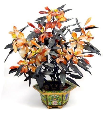 CHINESE JADE GLASS TREE IN CLOISONNE PLANTER: Chinese hand crafted glass and cloisonne enamel tree. Has nephrite jade, carnelian agate tone glass leaves and flowers. Hexagonal form cloisonne planter having floral design over light green and turqo