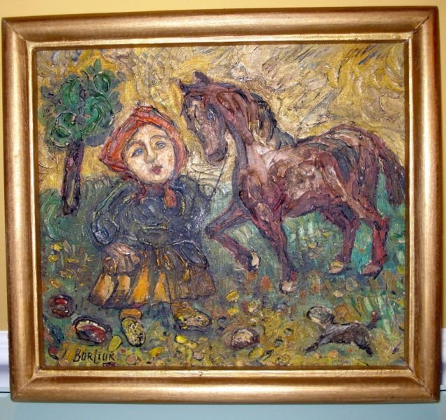 RUSSIAN-UKRAINIAN OIL PAINTING BURLIUK: David Burliuk (1882 -1967) Russian- Ukrainian Oil painting on board. Depicts women with Horse. Signed: Burliuk Lowe left corner. Length: 10 1/4 inches. Height: 9inches. Frame measures 11 1/4" x 101/4"