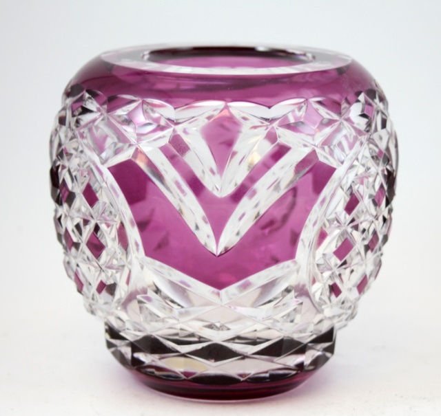 VAL ST. LAMBERT 'AIRIES VIOLET 145' VASE BY CRESPO: A Val St. Lambert Belgian violet glass Airies cut round vase. Designed by Xavier Crespo. Limited edition 6/150 and includes Certificate of Authenticity. Etched signature and number to bottom. Retailed