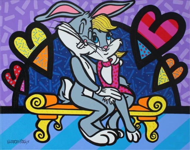 VALTER MORAIS ACRYLIC ON CANVAS 'A HUG OF LOVE': Valter de Morais (BRAZILIAN/AMERICAN, 1941 - ) original acrylic on canvas depicting Babs and Bugs Bunny. Titled 'A Hug of Love'. Signed lower left. Museum gallery wrapped. Measures 24" x 30".