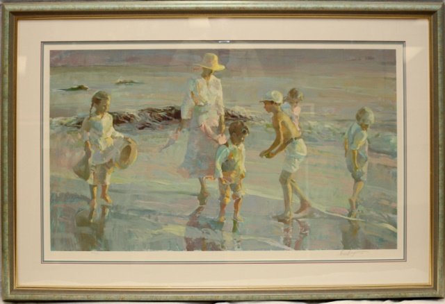 DON HATFIELD LARGE LITHOGRAPH 'BEACHCOMBING': Donald Eric Hatfield (AMERICAN, 1932 - ) lithograph depicting a woman with children on a beach. Titled 'Beachcombing'. Pencil signed to lower right and numbered 29/300 lower left. Measures 27" height