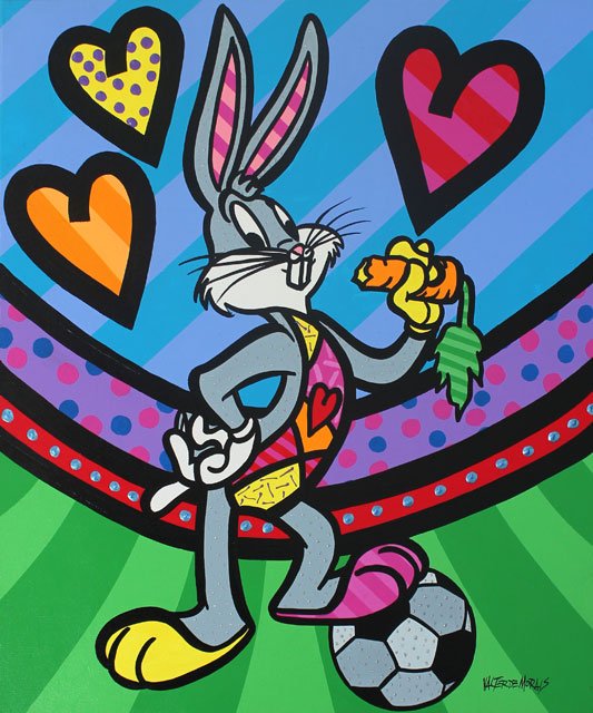 VALTER MORAIS ACRYLIC ON CANVAS BUGS PLAYS SOCCER: Valter de Morais (BRAZILIAN/AMERICAN, 1941 - ) original acrylic on canvas depicting 'Bugs Playing Soccer'. Signed lower right. Museum gallery wrapped. Measures 24" height x 20" width.