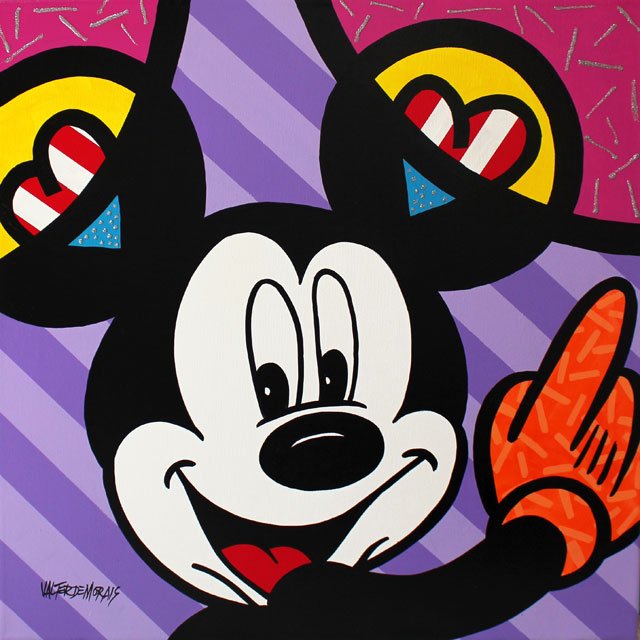 VALTER MORAIS ACRYLIC ON CANVAS 'PATRIOTIC MICKEY': Valter de Morais (BRAZILIAN/AMERICAN, 1941 - ) original acrylic on canvas depicting Mickey Mouse. Titled 'Patriotic Mickey'. Signed lower left. Museum gallery wrapped. Measures 24" height x 20" width.