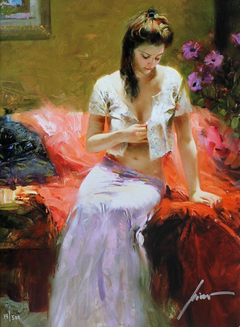 GUISEPPE PINO GICLEE ON CANVAS 'INTO THE NIGHT': Guiseppe D'Angelico Pino (1939 - 2010) limited edition giclee on canvas depicting a seated woman on bed. Titled 'Into the Night'. Signed and dated. Mounted in wooden frame with matting. Measures 23" h