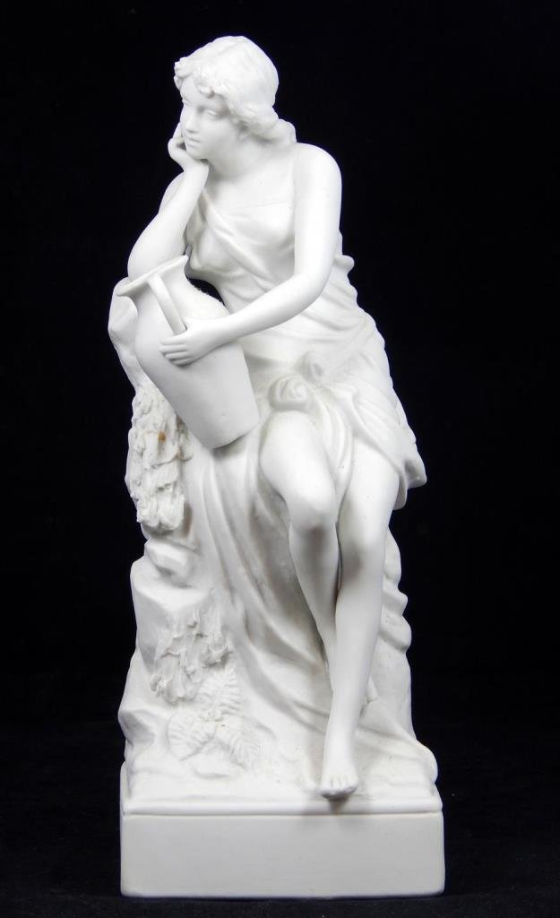 CONTINENTAL BISQUE PORCELAIN FIGURE OF GIRL w VASE: Old Continental bisque porcelain figure depicting a woman holding an amphora vase. Late 19th/early 20th century. Measures approx. 10 1/2" height. Total weight approx. 913 grams.