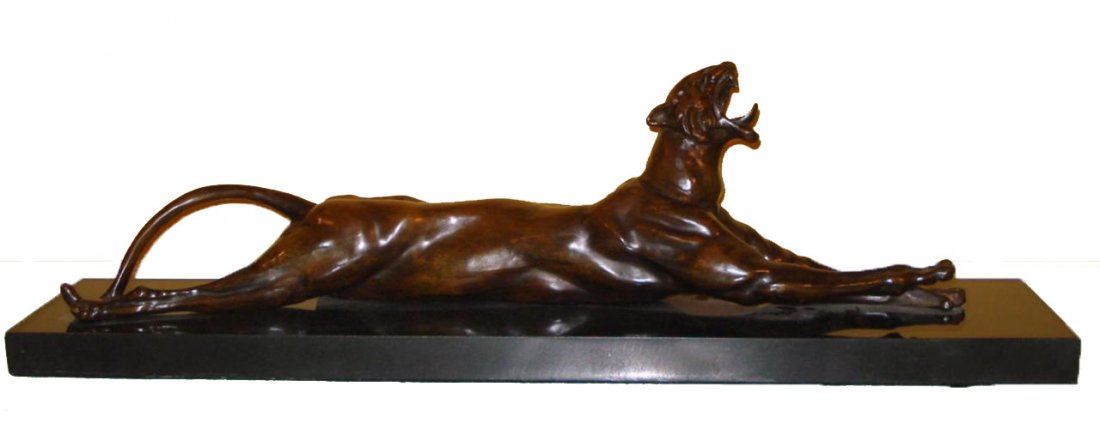 ANNA HYATT LARGE BRONZE SCULPTURE OF TIGER ON BASE: A very large bronze sculpture depicting a recumbent tiger as it yawns after Anna Vaughn Hyatt Huntington (AMERICAN, 1876 - 1973). Signed to side of bronze. Mounted on black marble base. Measures appro