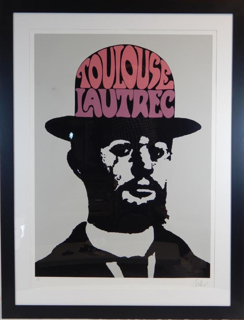 PETER MAX SERIGRAPH IN FRAME OF TOULOUSE LAUTREC: Peter (Finkelstein) Max (GERMAN/AMERICAN, 1937 - ) original serigraph depicting famed artist Henri Marie Raymond de Toulouse-Lautrec-Monfa. Pencil signed and numbered 57/125. Mounted in black lacquere