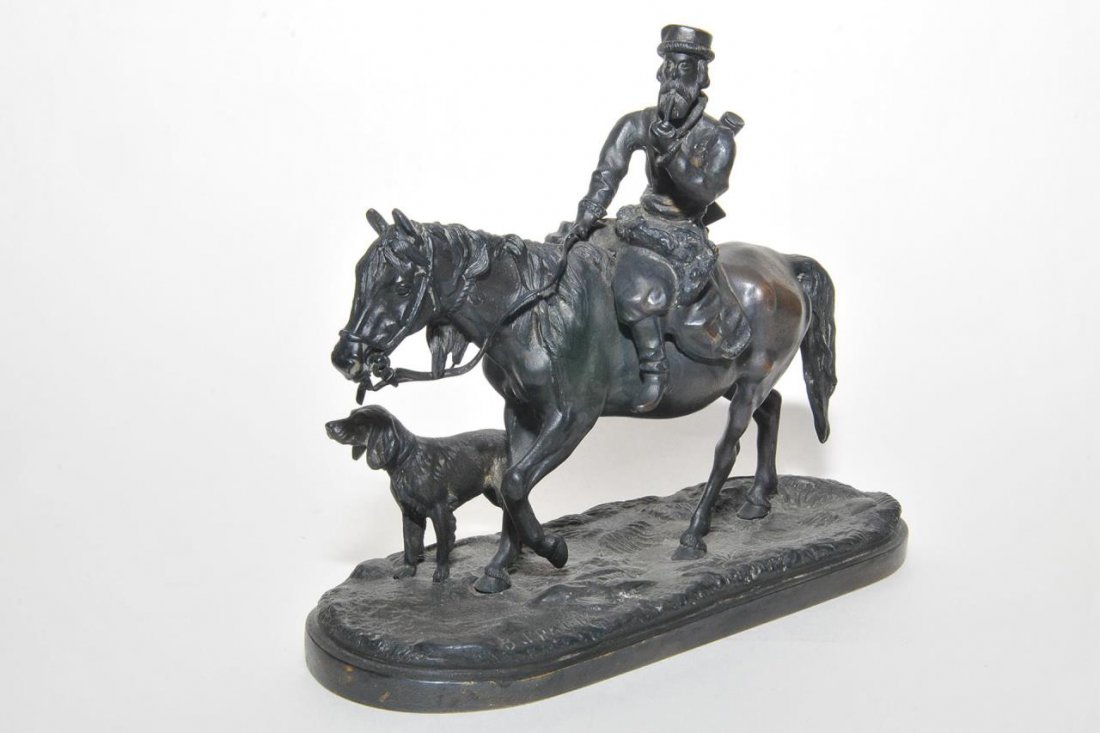 VASSILI GRACHEV EQUESTRIAN GROUP SCULPTURE: Vassili Yacovlevitch Grachev (RUSSIAN FEDERATION, 1831 - 1905) equestrian group sculpture depicting Cossack on horseback with hound. Signed to baser. Measures approx. 7" height x 8 1/2" length x 3 1/4