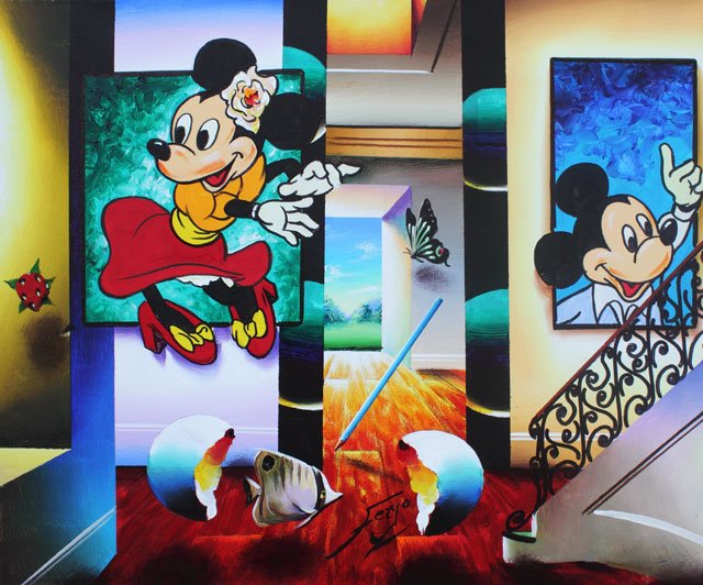 FERJO OIL PAINTING ON CANVAS 'ALL DRESSED UP': Fernando de Jesus (Ferjo) Oliveira (BRAZILIAN, 1946 - ) original oil painting on canvas depicting an interior scene with Mickey & Minnie Mouse. Titled 'All Dressed Up'. Signed lower right. Mounted in