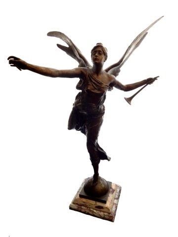 GEORGES BAREAU DORE BRONZE ANGEL WITH HORN: Georges Bareau (FRENCH, 1866-1931) original bronze sculpture depicting a female winged angel with horn. Signed to base. Measures approx. 31" height x 20" width x 20" depth.