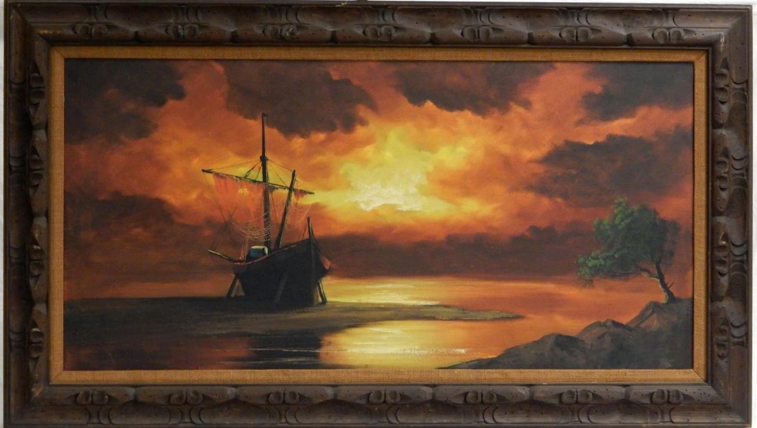LARGE OIL PAINTING ON CANVAS DEPICING A SHIP SCENE: A large 1960's-1970's oil painting on canvas depicting a seascape scene with ship parked on a sand barge as the sun sets near the coast. By Hanou, probably signed but covered by matting. Mounted in in