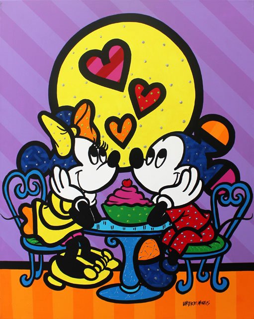 VALTER MORAIS ACRYLIC 'MICKEY AND MINNIE TOGETHER': ORIGINAL ACRYLIC ON CANVAS HAND SIGNED BY THE ARTIST MUSEUM GALLERY WRAPPED. MEASURES 30" X 24". INCLUDES CERTIFICATE OF AUTHENTICITY.