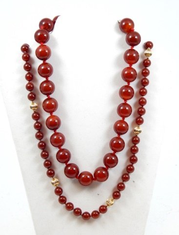 2 CHINESE CARNELIAN AGATE & 14KT BEADED NECKLACES: (2) CHINESE AGATE & 14KT BEADED NECKLACES. MEASURES 30' LONG & 22' LONG, TOTAL WEIGHT 269.1g