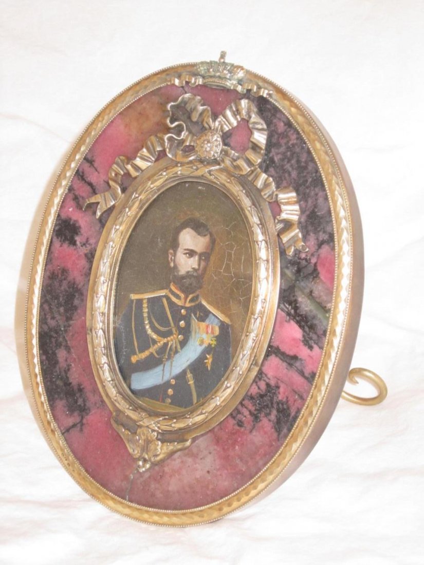 RARE ANTIQUE RUSSIAN RHODONITE & SILVER FRAME: Rare Russian Antique Rhodonite and gilded silver Frame with Original oil painted on copper portrait of Tzar Nicolas II. Signed middle right. The oval portrait has original aged craquelure which is vis