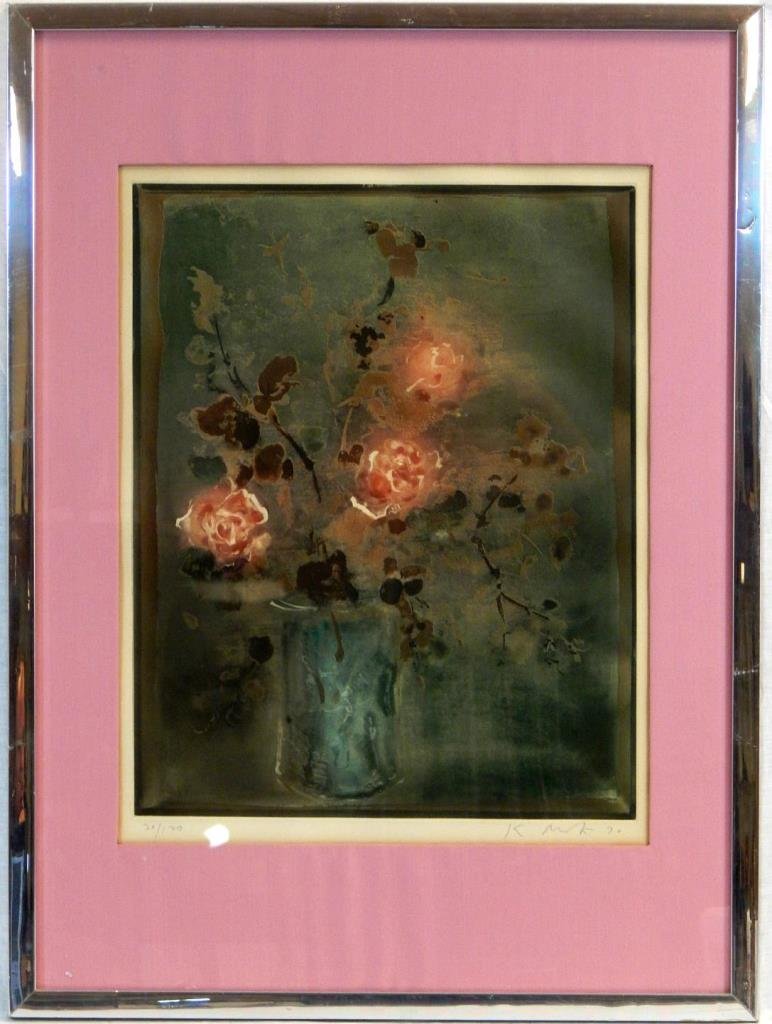 KAIKO MOTI COLORED AQUATINT STILL LIFE OF FLOWERS: Kaiko Moti (INDIA/FRANCE/UNITED KINGDOM, 1921 - 1989) original color aquatint depicting the still life of flowers in vase with green ground. Pencil signed to lower right and dated 1970. Pencil numbere