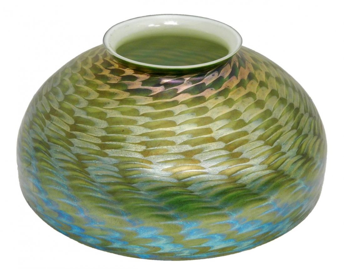 TIFFANY STUDIOS 'DAMASCENE' LAMP SHADE: Tiffany Studios 'Damascene lamp shade. Green and silver tones. Signed "L.C.T." to rim. Measures approx. 11 1/2" diameter x 5 1/2" height.