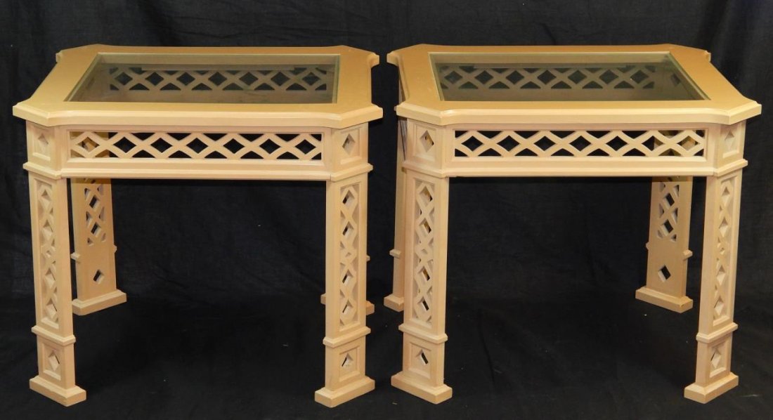 PAIR HOLLYWOOD REGENCY FRETWORK SIDE TABLES: PAIR HOLLYWOOD REGENCY FRETWORK SIDE TABLES. PAINTED A LIGHT BROWN/TAN COLOR. MEASURES 22"H x 21"W x 26"D . CONDITION IS GOOD, RETAIL SELLS WELL OVER $500.00