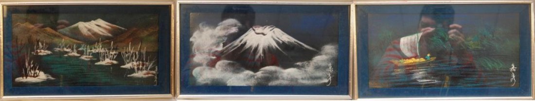 LOT OF 3 JAPANESE MIXED MEDIA COPPER WORKS, SIGNED: A lot of 3 Japanese mixed media works. Two depicting scenes of Mount Fuji and the other depicting an evening boat scene. Each picture signed lower right and mounted in silvered wooden frames behind gl
