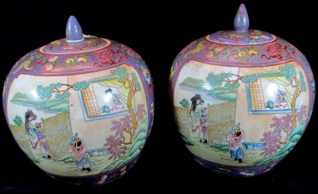 2 EARLY 20th C CHINESE FAMILLE ROSE PORCELAIN JARS: A pair of Chinese export hand painted enameled Famille Rose porcelain covered jars depicting a rare courting scene with warrior seeking the attention of a maiden in window while his attendant watches 