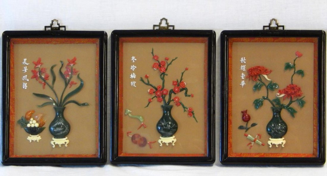 3 MODERN CHINESE JADE & CORAL WORKS IN FRAMES: A set of 3 late 20th century Chinese carved works in frames depicting flowers growing from vases and urns. Each featuring beautiful carved nephrite jade with red coral, carnelian agate and bone creati