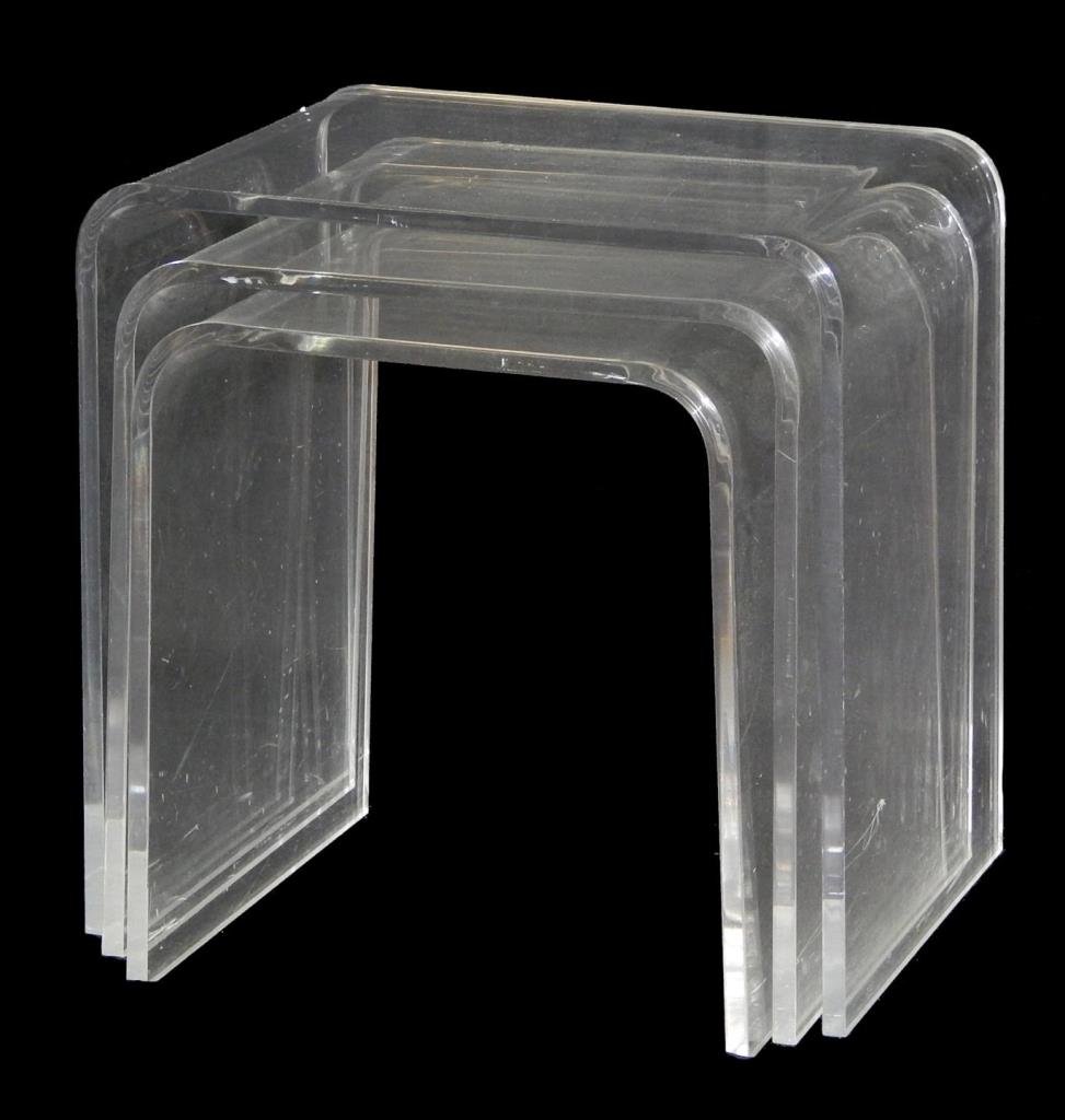 VINTAGE LUCITE 3 PC STACK TABLES: VINTAGE LUCITE 3 PC STACK TABLES . GOOD CONDITION. MEASURES 17" H x 17" W