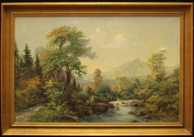 R EICHER HUDSON RIVER OIL PAINTING ON CANVAS: R. Eicher (SWISS/AMERICAN, 1884 - 1958) original Hudson River School landscape oil painting depicting a river scene. Signed R. Eicher to lower right. Mounted in Gilt wooden frame. Measures 24" height 