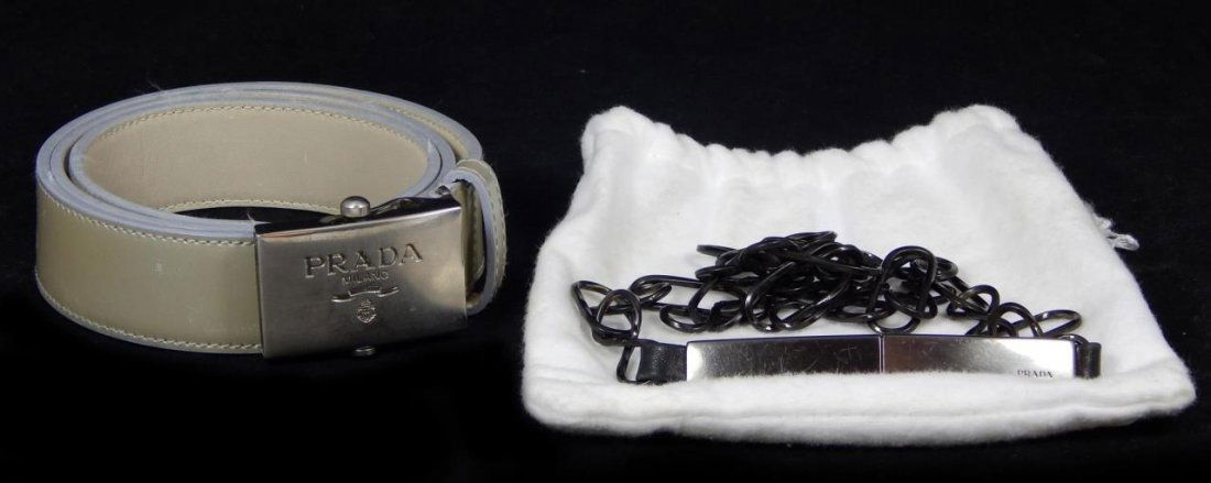 PRADA GUN METAL CHAIN BELT & PRADA LEATHER BELT: (2PCS) PRADA GUN METAL CHAIN BELT . MEASURES 30" LENGTH & TOTAL WEIGHT 85g & LEATHER BELT MEASURES 36"