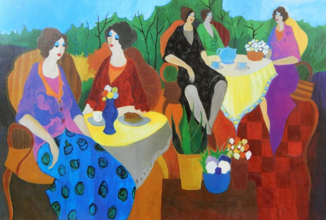TARKAY SERIOLITHOGRAPH IN COLOR ON PAPER: Itzchak (Isaac) Tarkay (YUGOSLAVIAN/ISRAELI, 1935 - 2012) seriolithograph in color on paper. Titled 'Morning Social'. Includes COA. Mounted in grey metallic tone frame with acrylic screen. Measures ap