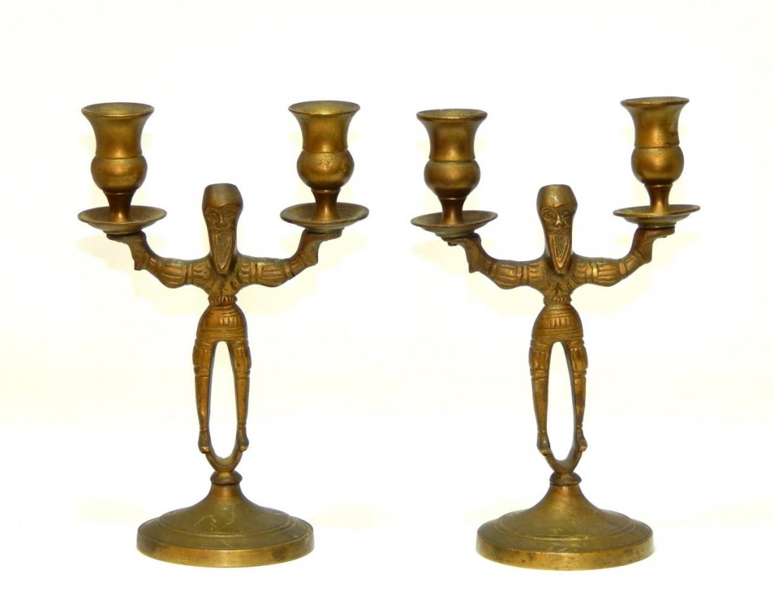 PAIR OF VINTAGE EUROPEAN BRASS FIGURAL CANDELABRA: A pair of vintage European brass two arm candlesticks having a figural design with bearded man. Each measures approx. 9 1/8" height. Total weight approx. 1.8 kilograms.