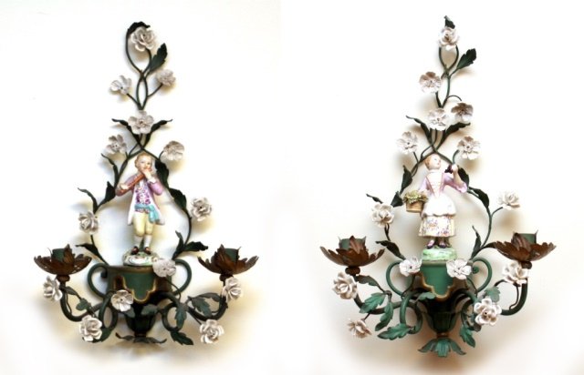 PAIR ITALIAN PORCELAIN FIGURAL SCONCES: PAIR ITALIAN PORCELAIN FIGURAL SCONCES. BEAUTIFUL PORCELAIN FLOWERS THROUGH OUT SCONCES. CIRCA MID TO EARLY 20TH.C. EACH SCONCE MEASURES 20" TALL BY 13" WIDE, TOTAL WEIGHT OF EACH2.5LBS