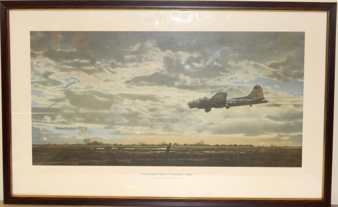 MERVIN ALLEN CORNING PRINT 'ON FINAL APPROACH': Mervin Allen Corning (AMERICAN, 1926 - 2006) color print in frame depicting a landing American military plane. Titled 'On Final Approach'. Measures approx. 23" height x 37" wdth overall including fram