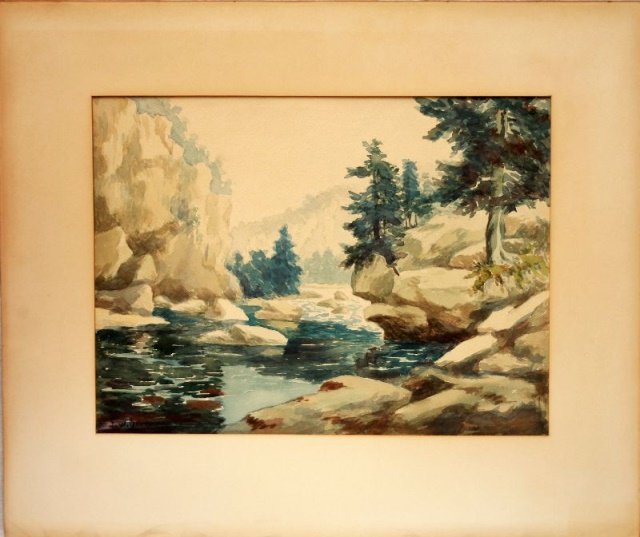 FRANK WESTON BENSON WATER COLOR ON PAPER LANDSCAPE: Depicts Landscape scene with Water Rapids Signed and Dated lower left hand corner F.W. Benson 23. Measures 19" x 14 1/2" unframed.