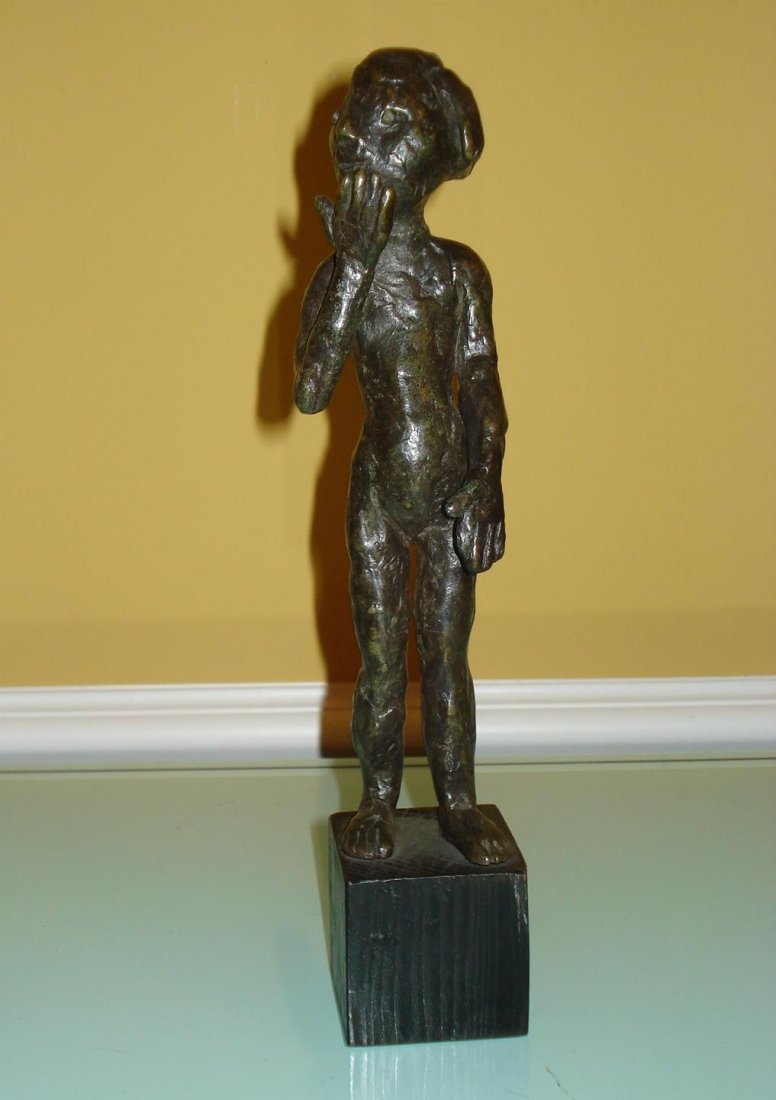 SWEDISH BRONZE SCULPTURE LENA CRONQVIST: Swedish Bronze sculpture of child Lena Cronqvist. Signed and numbered 2/2. Bronze measures approx. 7 1/2" height + 2" base height. Start $ 1000 Est $1200 --1500