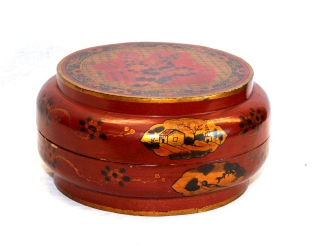 CHINESE RED WOOD COVERED LACQUERED BOWL: Floral Moti with Calligraphy , Birds, and Insects Republic Era with Calligraphy on inside of Bowl. Red, Gold and Black. Measures 8" Tall x 15" Diameter