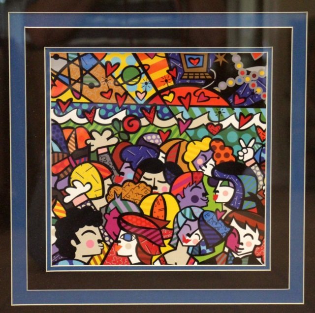 ROMERO BRITTO PAINTING ABSTRACT PEOPLE: Abstract Painting of People measures 12" by 12" comes in Black Frame.