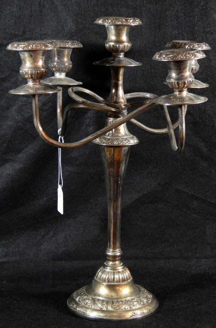 OLD SILVERPLATE 5 ARM CANDELABRUM: An old silver plate five arm candelabra, probably 1930's-1940's. Measures approx. 16 1/2" height x 14" diameter. Total weight approx. 2.7 kilograms.
