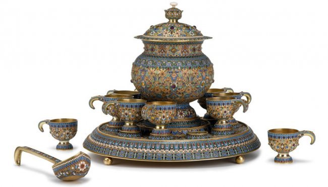 LARGE RUSSIAN SILVER-GILT ENAMELED PUNCH SET: Large and impressive Russian cloisonné enameled silver-gilt punch set with semi-precious stones bearing marks for grachev brothers, moscow, 1893, assay master lev oleks.Comprising a covered punch bow