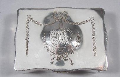 STERLING JEWELRY CASKET: Peach velvet lined and gold washed interior sterling vanity box with wreath and garland design. The script monogram is MAE and is hallmarked on the inside lid - Sir John Bennett Ltd. London, manufactu