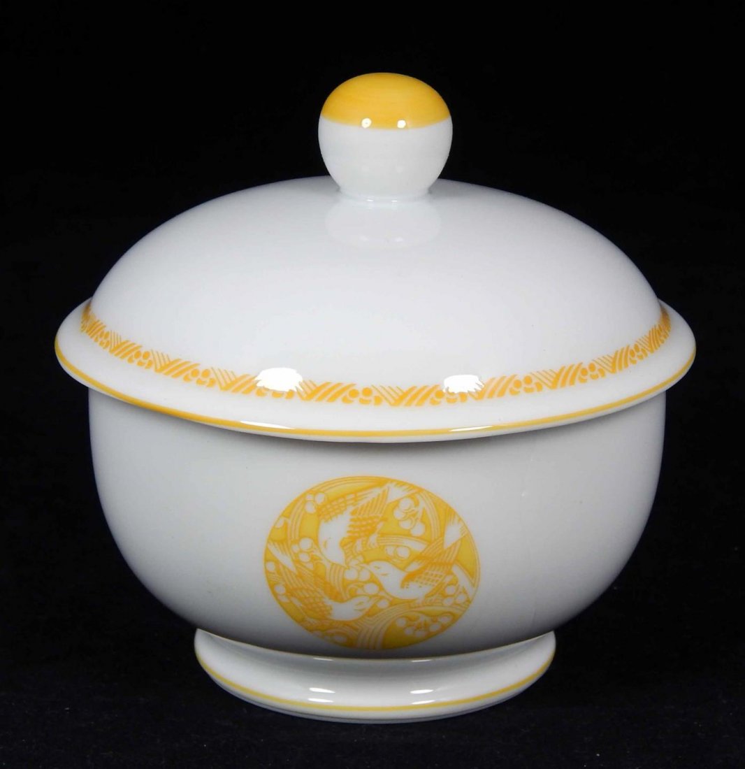 LALIQUE PORCELAIN MERLES ET RAISINS COV'D SUGAR: Lalique French Limoges porcelain 'Merles Et Raisins' covered sugar with yellow stylized band design. Includes box. Measures approx. 4" height. Total weight approx. 403 grams.