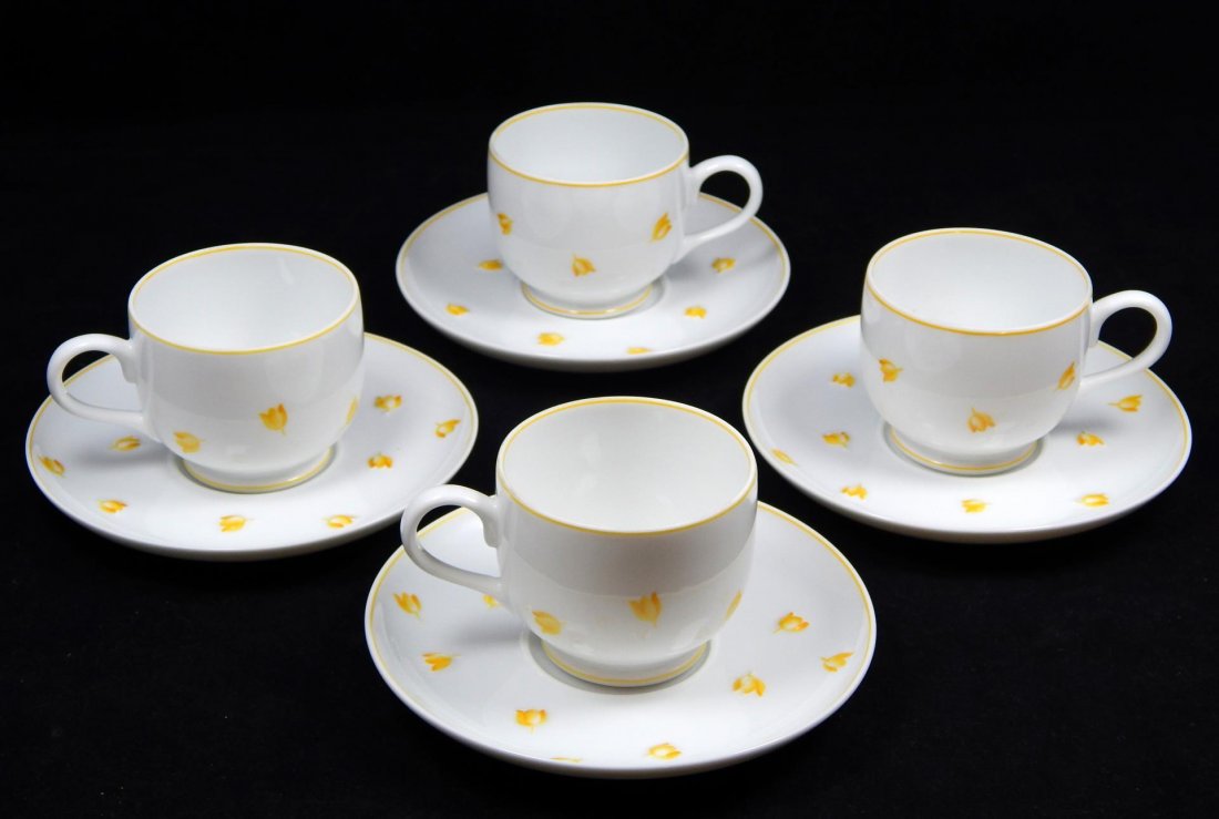 (4PC SET) LALIQUE "MUGUET" LIMOGES TEA CUPS: (4PC SET) LALIQUE "MUGUET" LIMOGES PORCELAIN TEA CUPS & SAUCERS. MEASURES: CUPS-2 1/4" X 3 3/4" SAUCERS-5 1/4" DIAMETER (YELLOW FLORAL PATTERN)
