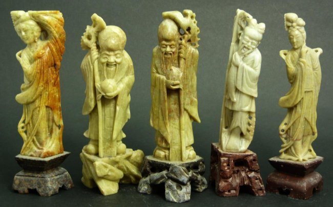LOT OF FIVE CHINESE CARVED SOAPSTONE FIGURES: A lot of 5 Chinese carved soapstone figures on bases. Includes 2 maidens, 2 Shou Xing figures and a fisherman. Tallest measures approx. 5 7/8" height (15cm). Total weight approx. 1075 grams.