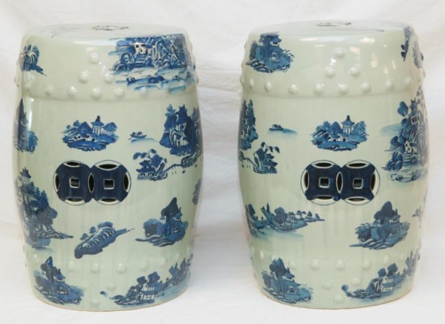 Pr. CHINESE BLUE & WHITE PORCELAIN GARDEN SEATES: A pair of Chinese blue & white porcleain garden seats. Each measures approx. 18 1/2" height x 14" diameter (47cm x 35.6cm). Total weight approx. 17 kilograms.